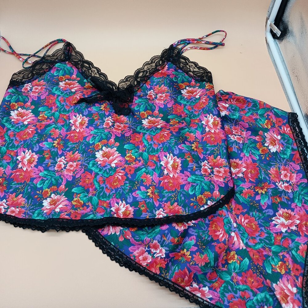 Vintage Lingerie Silky Floral Camisole High Waist Panty Set Tap Pants Small 80s